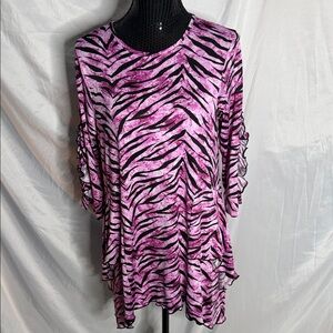 Plus-Size Pink Zebra Print Ruffle Sleeve Tunic Top